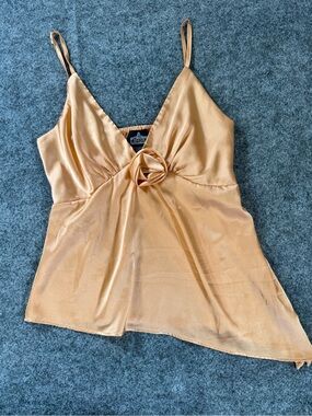 Satin Cami Tank Top Womens Large Peach Rosette Y2K Boho Asymmetrical.